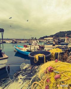 Boats and nets in the small port of Makri
